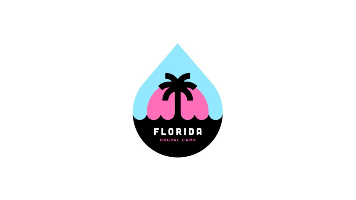 Florida Drupal Camp logo: A teardrop with a palm tree silhouette against a pink sunset and blue sky, with the words FLORIDA DRUPAL CAMP in white text below.
