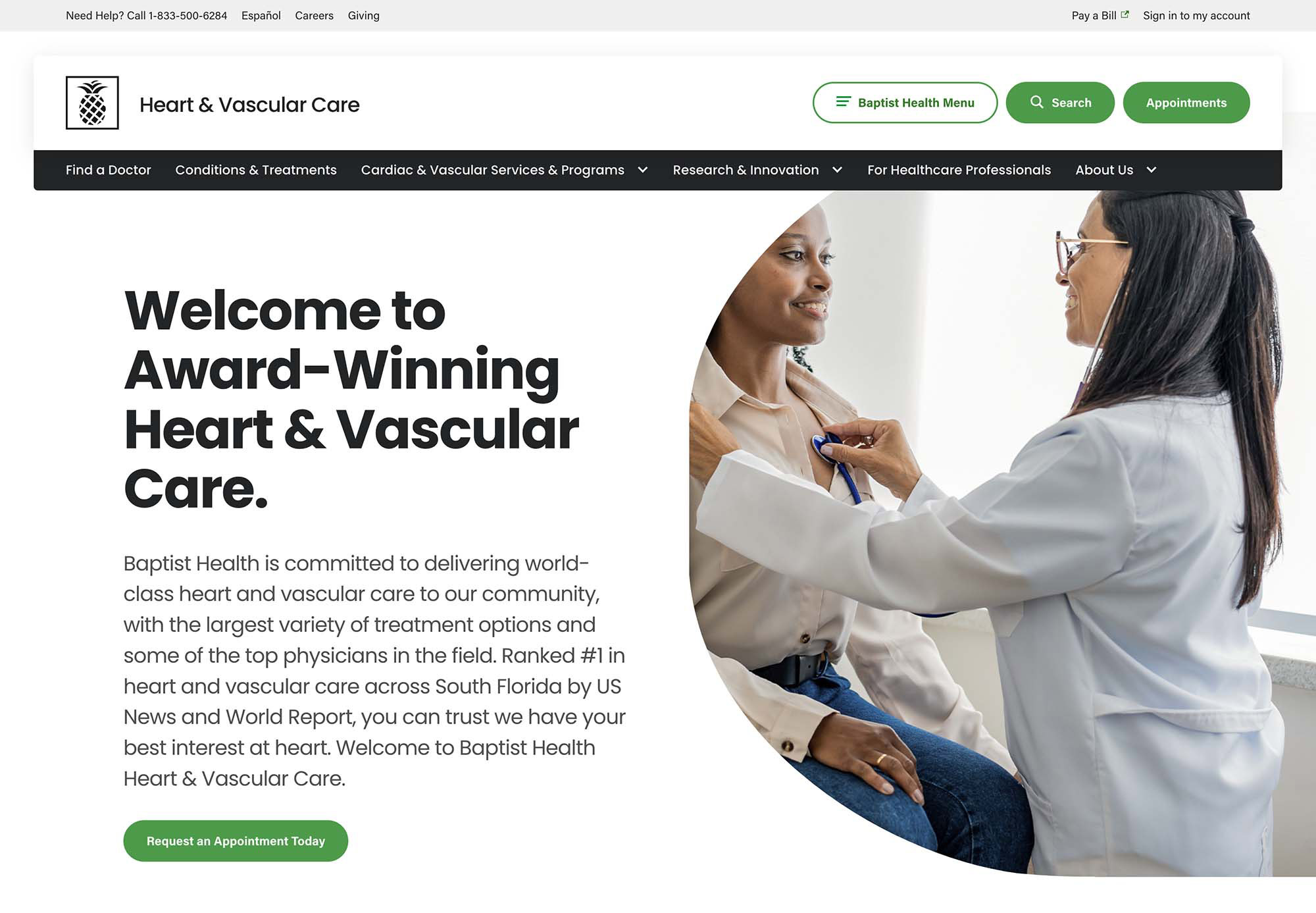 The Heart & Vascular Care landing page at Baptist Health highlights award-winning care, top physicians, and a variety of treatments. It mentions their #1 ranking in South Florida by US News and World Report. A "Request an Appointment Today" button and a photo of a doctor examining a patient are featured.